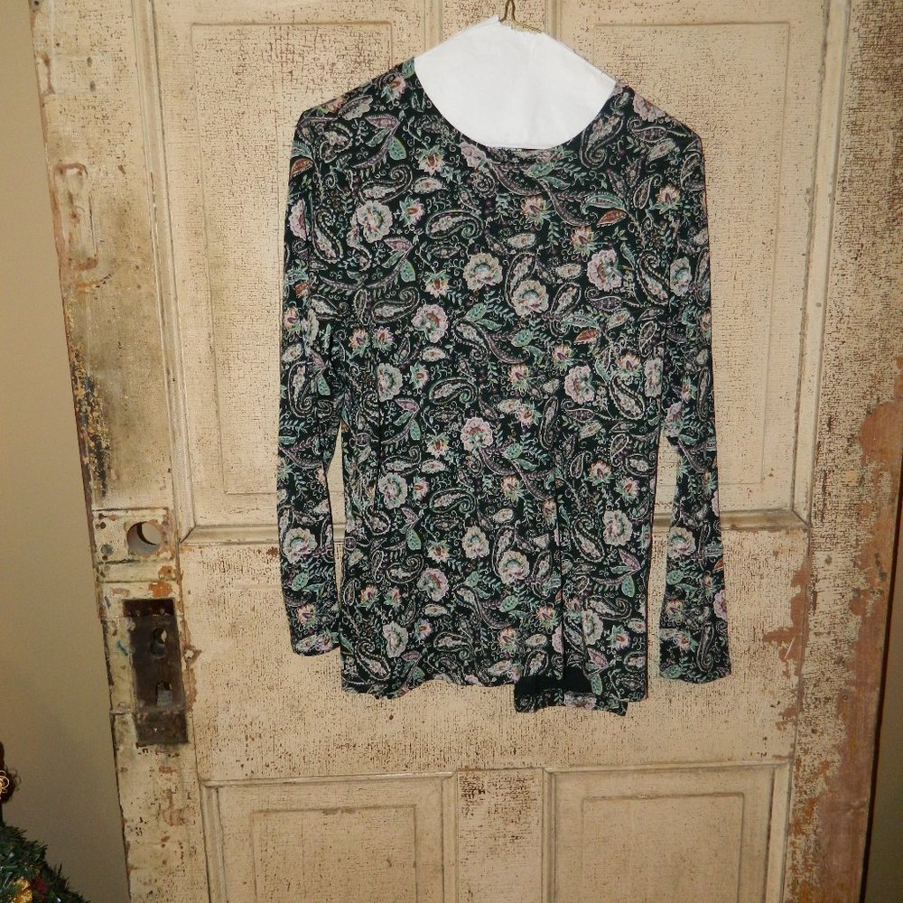 J. Jill Pima Crew Neck High Low Tee Green Floral Paisley Shirt Sz MP (CC-53)